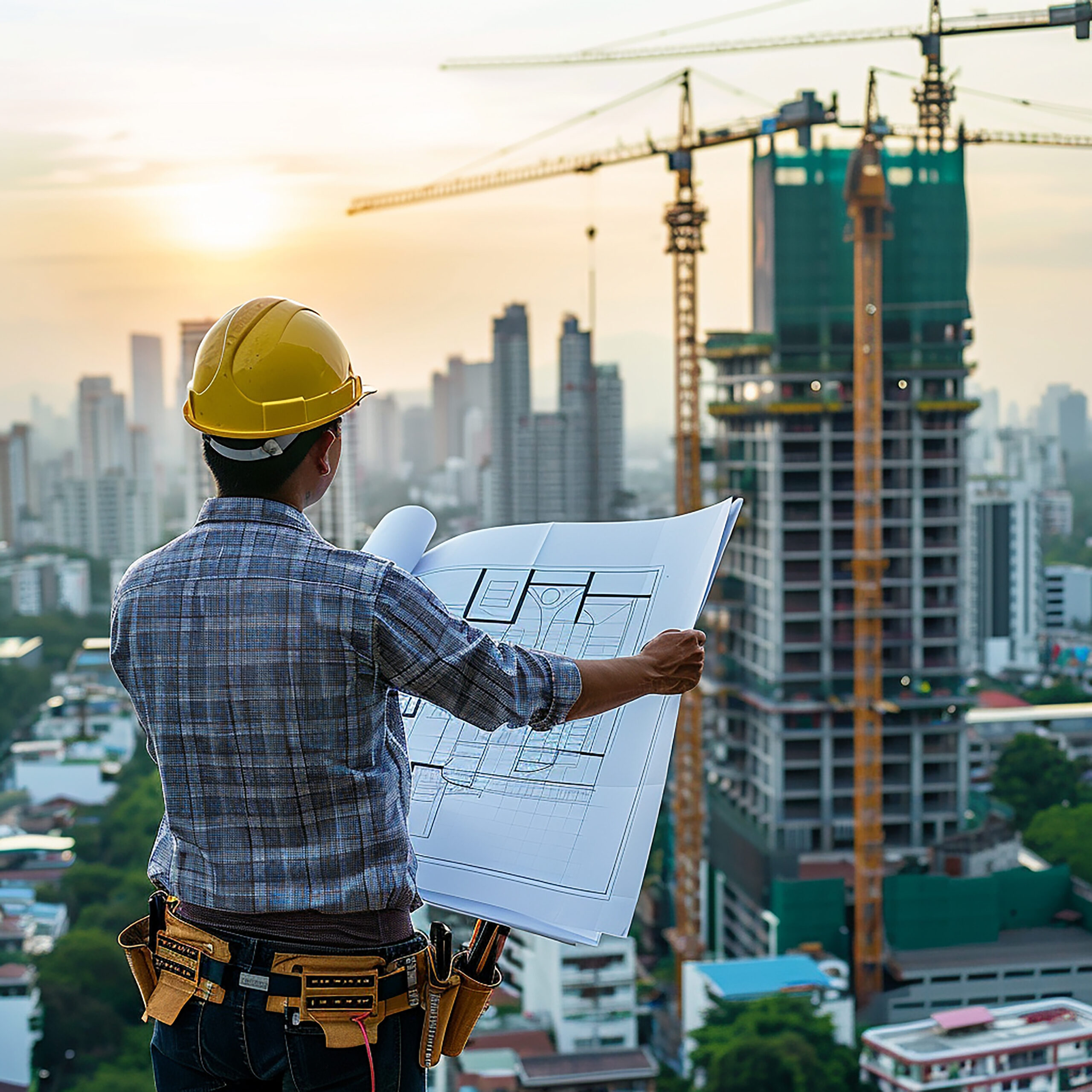 smart civil architect engineer inspecting working outdoors building side with blueprints scaled