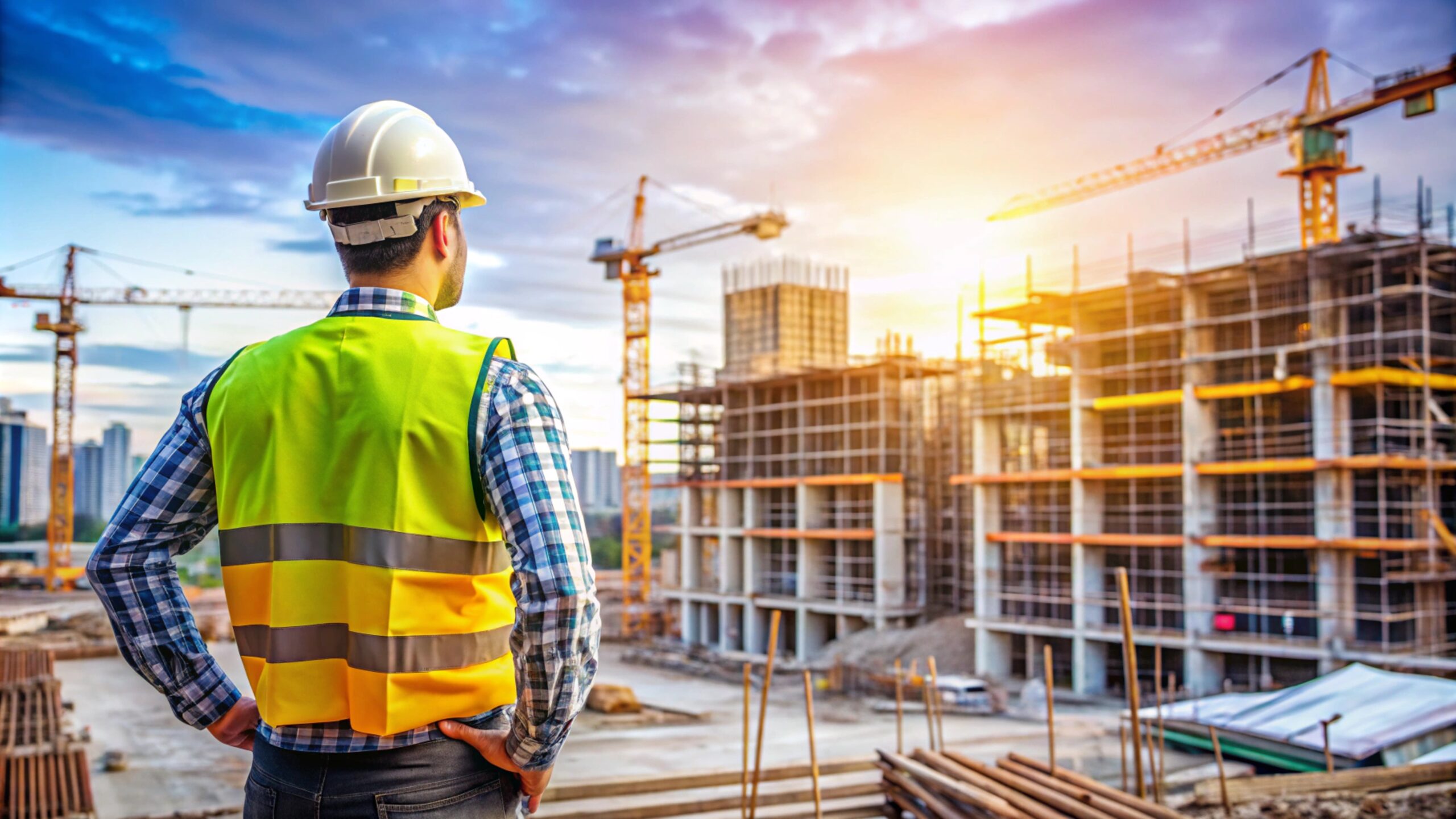 worker stands construction site looks construction site scaled